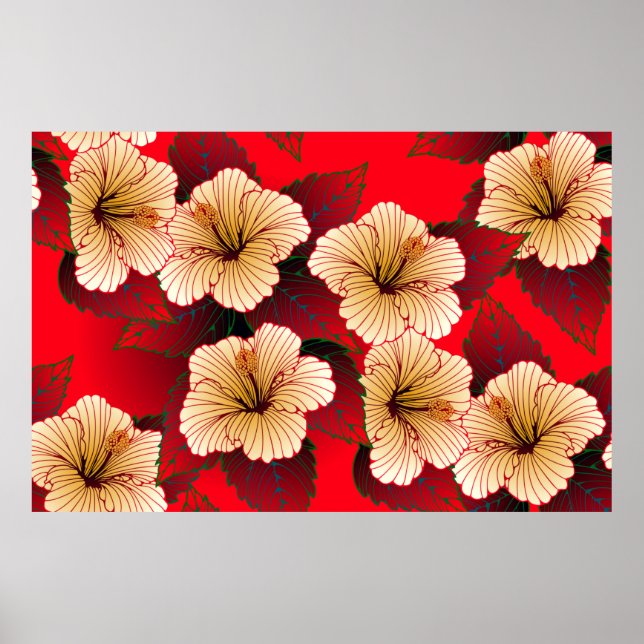 Póster flores de hibisco de marfil patrón sin fisuras en  (Frente)
