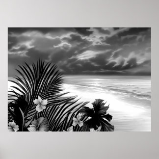 Póster Flores de hibisco de palma de playa océano blanco