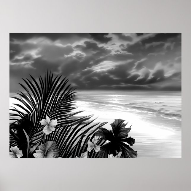 Póster Flores de hibisco de palma de playa océano blanco  (Frente)