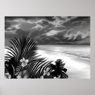 Póster Flores de Hibisco Palma Océano Playa Blanco Negro