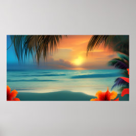 Póster Flores de hibisco rojo tropical Playa palmeras océ