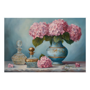 Póster Flores de hidrangea rosa y frascos de perfume de é