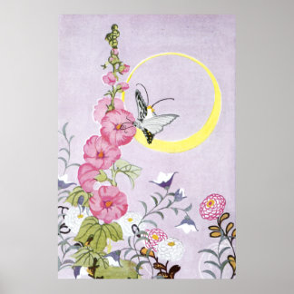 Póster Flores de hollyhock, Dahlia y globos