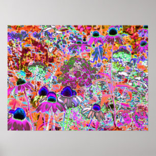 Póster Flores de jardín psicodélicas de color rosa calien
