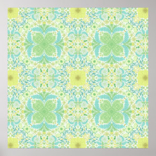 Póster Flores de jardín retro en verde y amarillo
