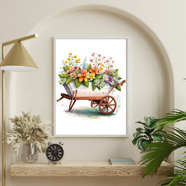Póster Flores de jardín rosadas amarillas blancas en barr