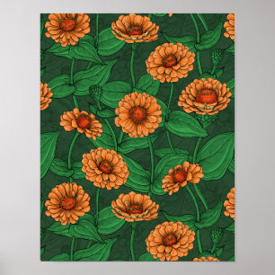 Póster flores de la zinnia naranja, hojas verdes sobre ve
