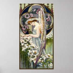 Póster Flores de lirio vintage de Pascua y ángel victoria
