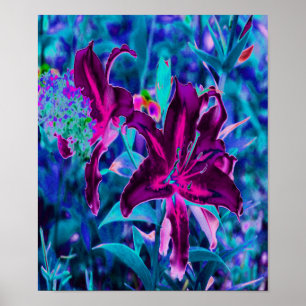 Póster Flores de lirios orientales abstractos púrpura y r