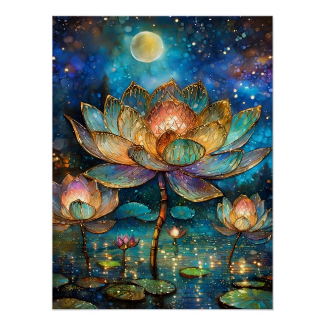 Póster Flores de Loto de Vidrio Pintado en la Luz de la L (Anverso)