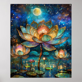 Póster Flores de Lotus de vidrio manchado en la luna