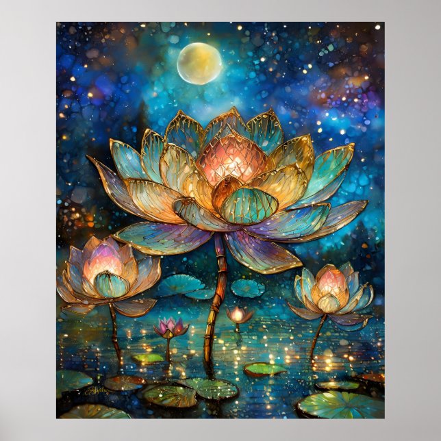 Póster Flores de Lotus de vidrio manchado en la luna (Frente)