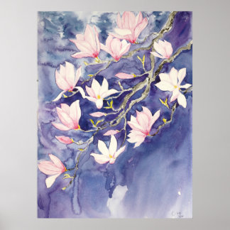 Póster flores de magnolia rosa en fondo morado