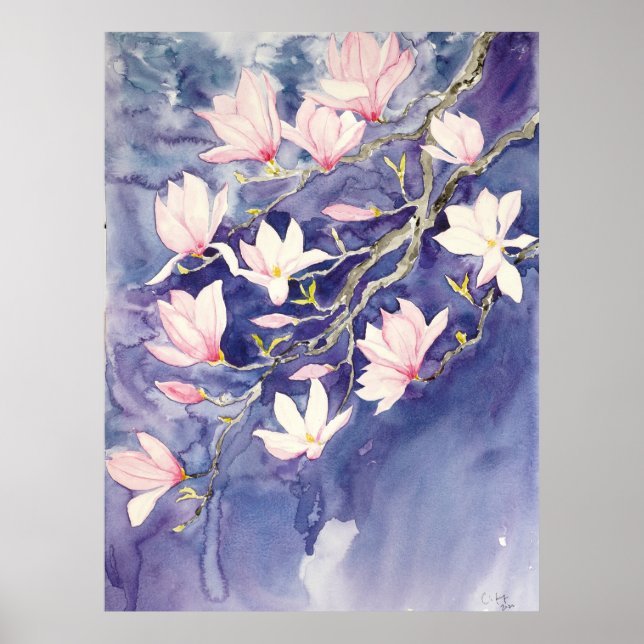 Póster flores de magnolia rosa en fondo morado (Frente)