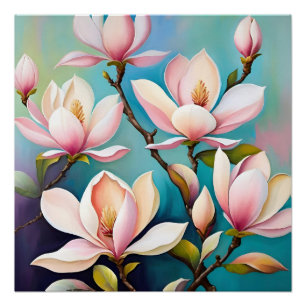 Póster Flores de magnolia rosadas