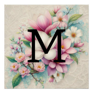 Póster Flores de magnolias púrpura rosadas de encaje mono