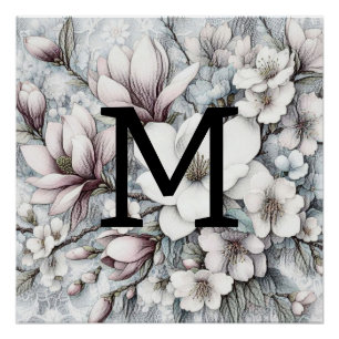 Póster Flores de magnolias rosadas dibujadas en monograma