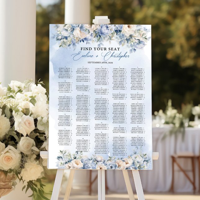 Póster Flores de marfil y azul turquesa asientos alfabéti ( Boho Elegant Dusty Blue and Ivory Flowers Alphabetical seating chart )