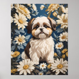 Póster Flores de margarita blanca de perro chiita tzu