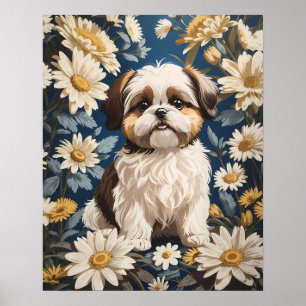 Póster Flores de margarita blanca de perro chiita tzu