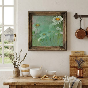 Póster Flores de Margarita con Acuarela Verde