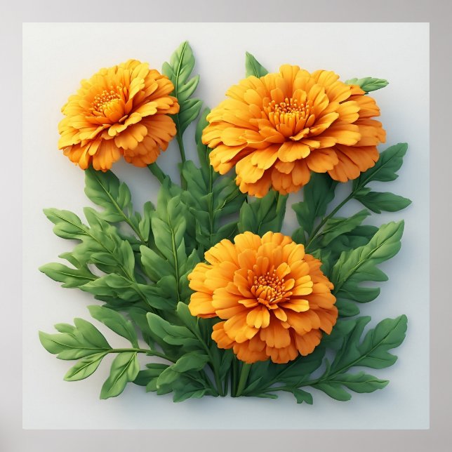 Póster Flores de Marigold Naranja Brillante con Hojas Ver (Frente)
