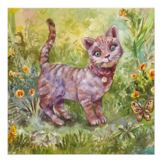 Póster Flores de mariposa de ilustracion Cute Kitten Gard