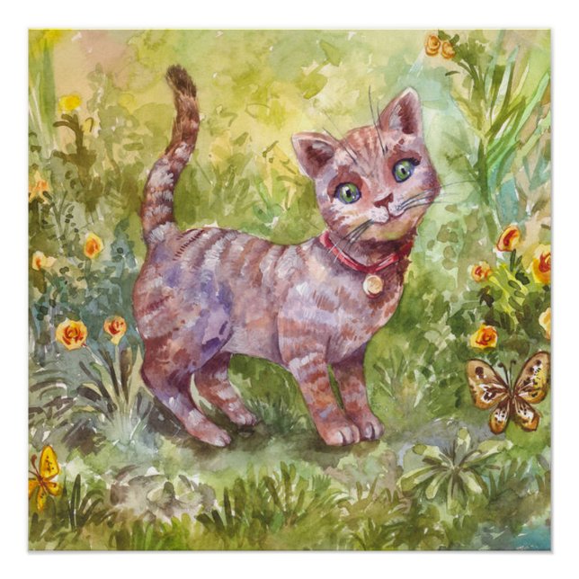 Póster Flores de mariposa de ilustracion Cute Kitten Gard (Anverso)