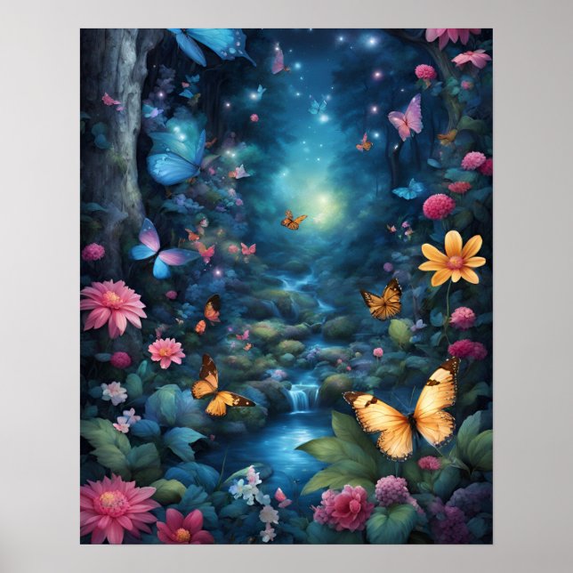 Póster Flores de mariposas AZUL mágica en el bosque encan (Frente)