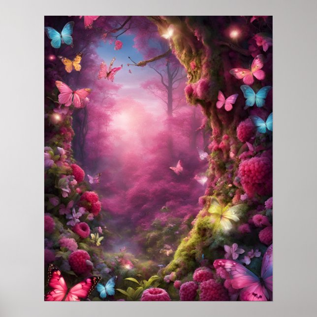 Póster Flores de mariposas encantadas en el bosque mágico (Frente)