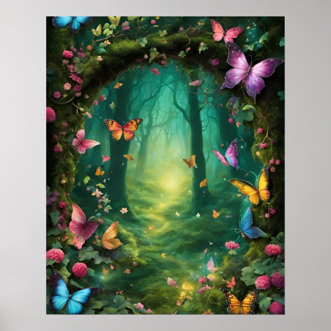 Póster Flores de mariposas VERDES en el bosque mágico (Frente)