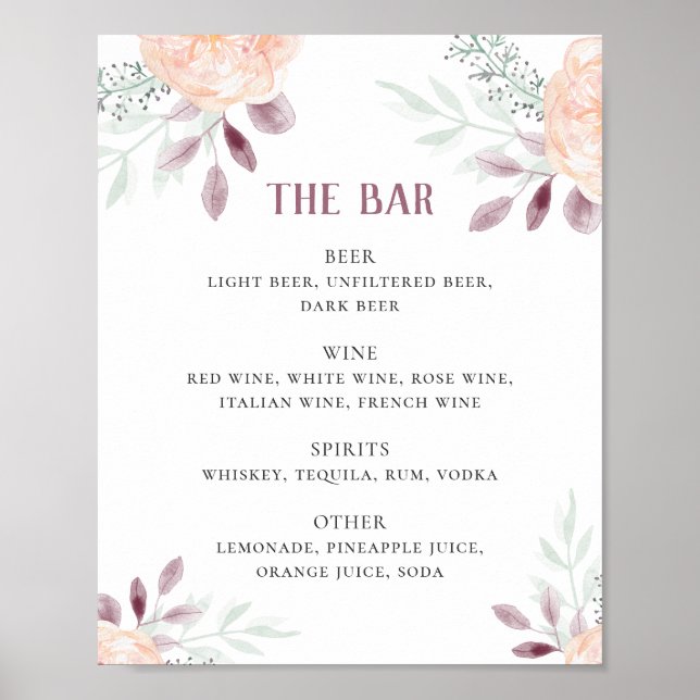 Póster Flores de melocotón acuarelas. bar boda bebidas (Frente)