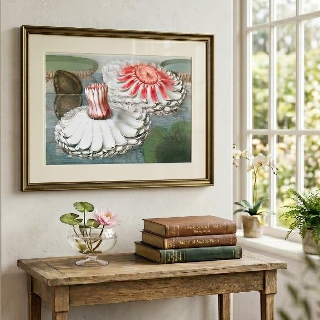 Póster Flores de nenúfares en un estanque (Vintage illustration botanical design featuring pink and white waterlily flowers floating in a pond.)