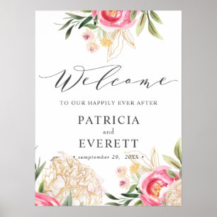 Póster Flores de oro de Peony Boho Boda Bienvenida