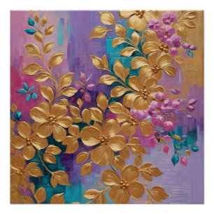 Póster Flores De Oro Pintadas En Turquesa Lilac Rosa