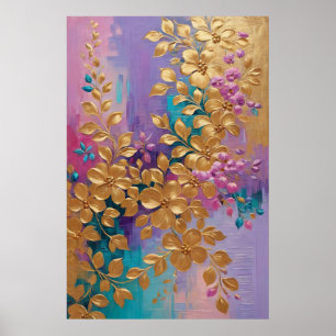 Póster Flores De Oro Pintadas En Turquesa Lilac Rosa