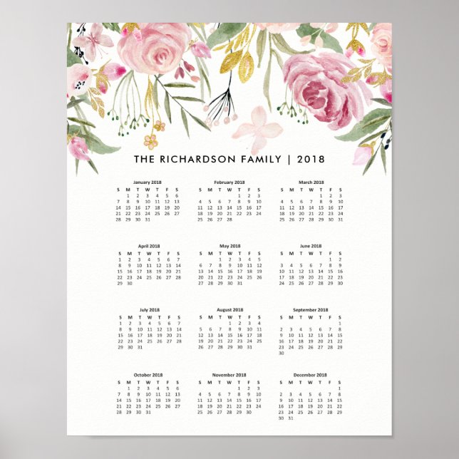 Póster Flores de oro rosas y falsas de Rubor | Calendario (Frente)