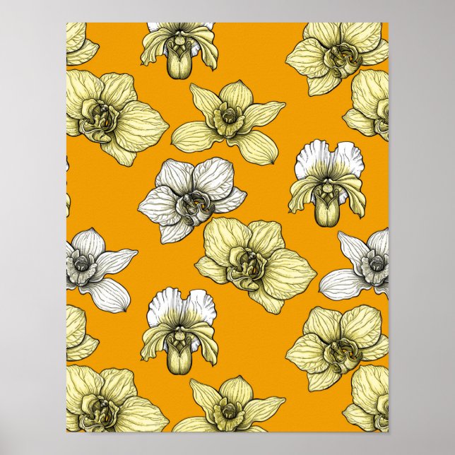 Póster Flores de orquídea amarilla y blanca (Frente)