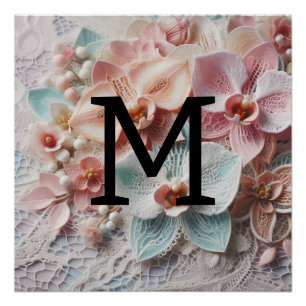 Póster Flores de orquídea rosa pastel de encaje floral mo
