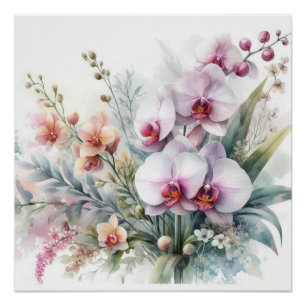 Póster Flores de orquídea tropical acuarela pastel
