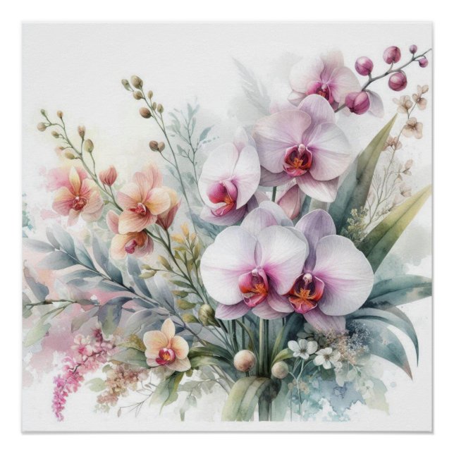 Póster Flores de orquídea tropical acuarela pastel (Anverso)