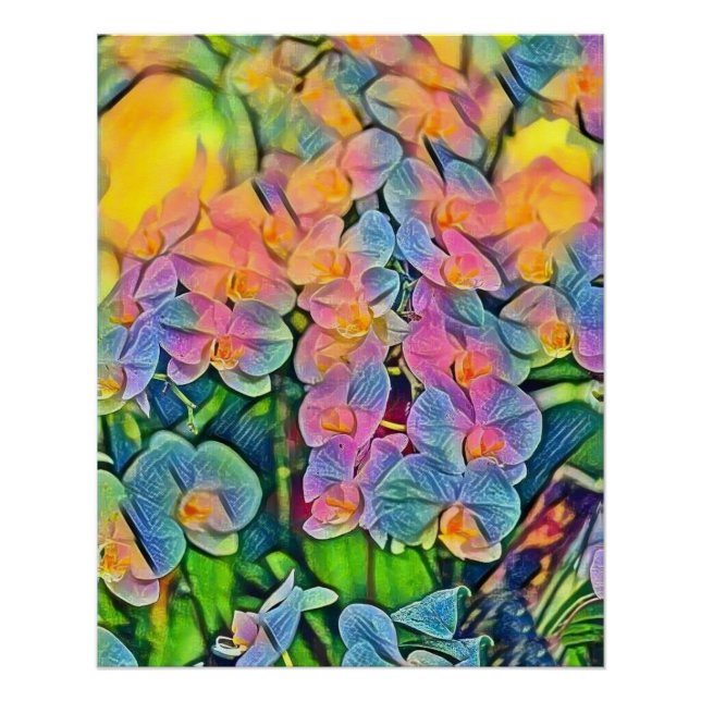 Póster Flores de orquídeas multicolores pintura acuarela (Anverso)