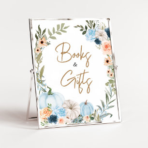 Póster Flores de otoño azules Libros y regalos de calabaz