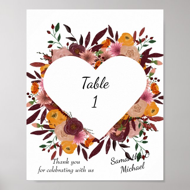 Póster Flores de otoño Boda Poster de números de tabla bl (Frente)