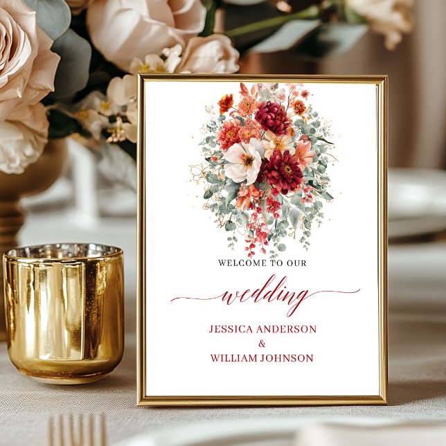 Póster Flores de Otoño Borgoña 8x10 Letrero de Boda con V (Autumn Burgundy Flowers 8x10 Greenery Wedding Welcome

)