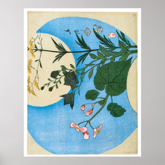 Póster Flores de otoño frente a la luna llena (Frente)