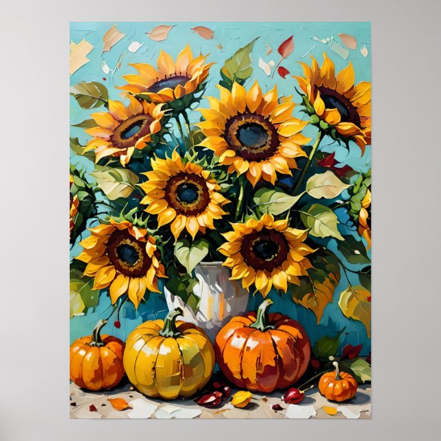 Póster Flores de otoño, girasoles otoñales y calabazas, (Frente)