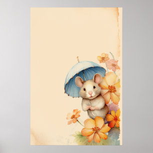 Póster Flores de paraguas azules del ratón papel viejo