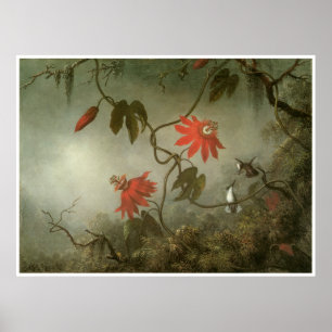 Póster Flores de pasión y colibríes