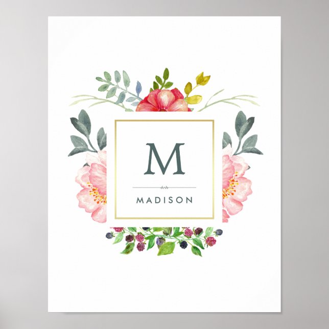 Póster Flores de peonía acuarela con oro y monograma (Frente)